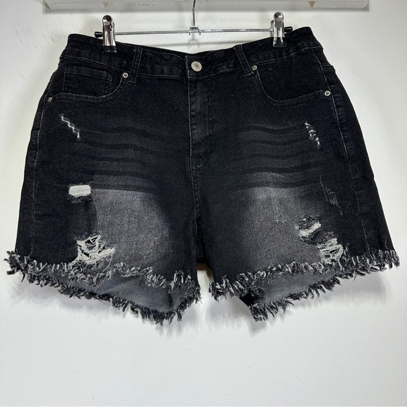 None Pants - Black Distressed Denim Shorts Raw Hem Mid Rise Stretch Jean Shorts Size XL